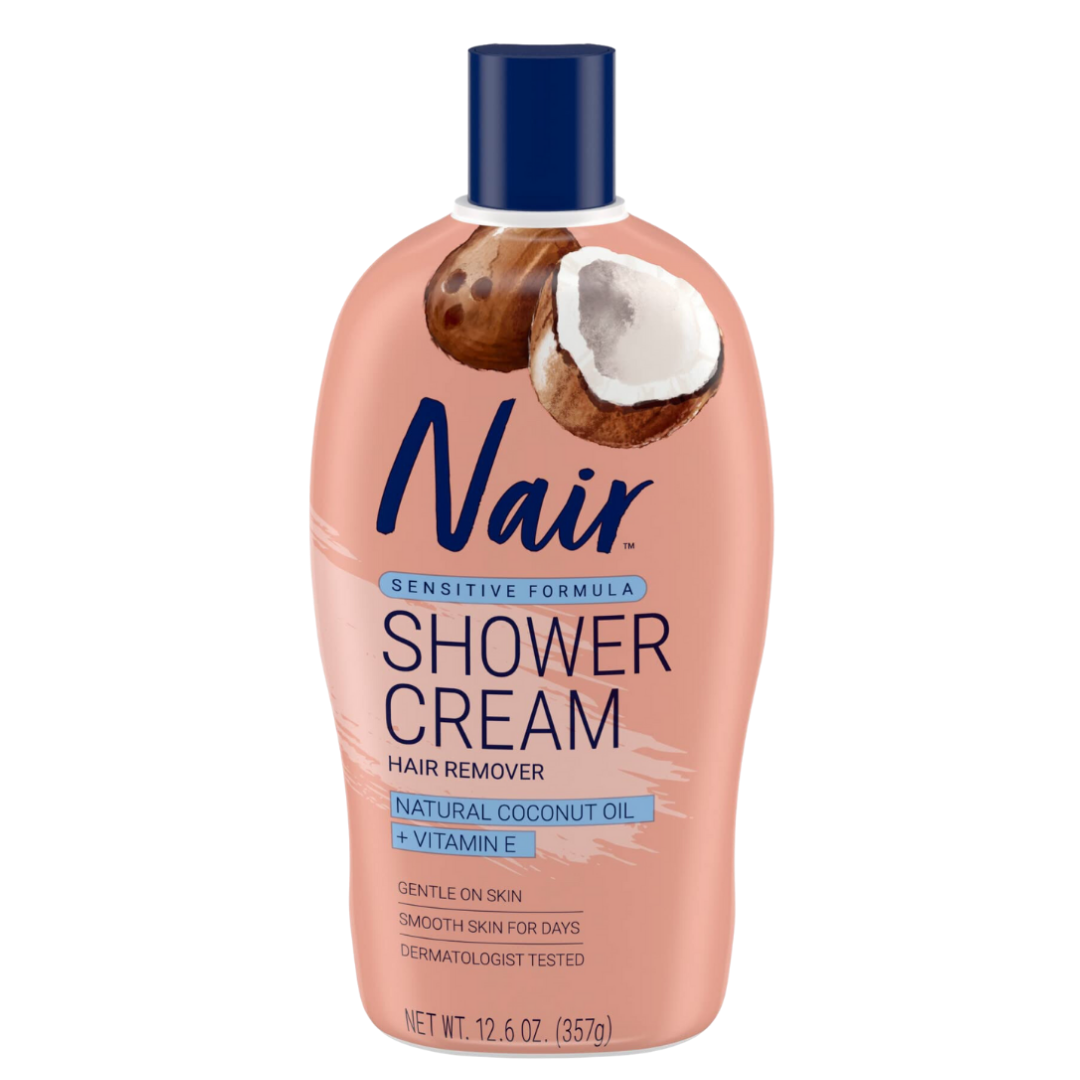 Farmacias Savia Nair Shower Cream Hair Remover lotion in 12oz bottle, smooth skin removal product for body hair.