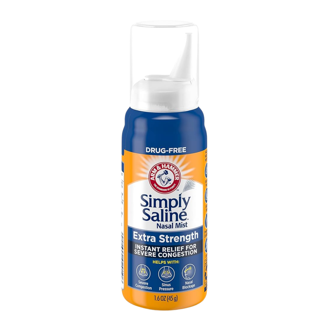Arm & Hammer Simply Saline Daily Care Nasal Mist in 1.5oz bottle, gentle saline spray for nasal relief and hydration.