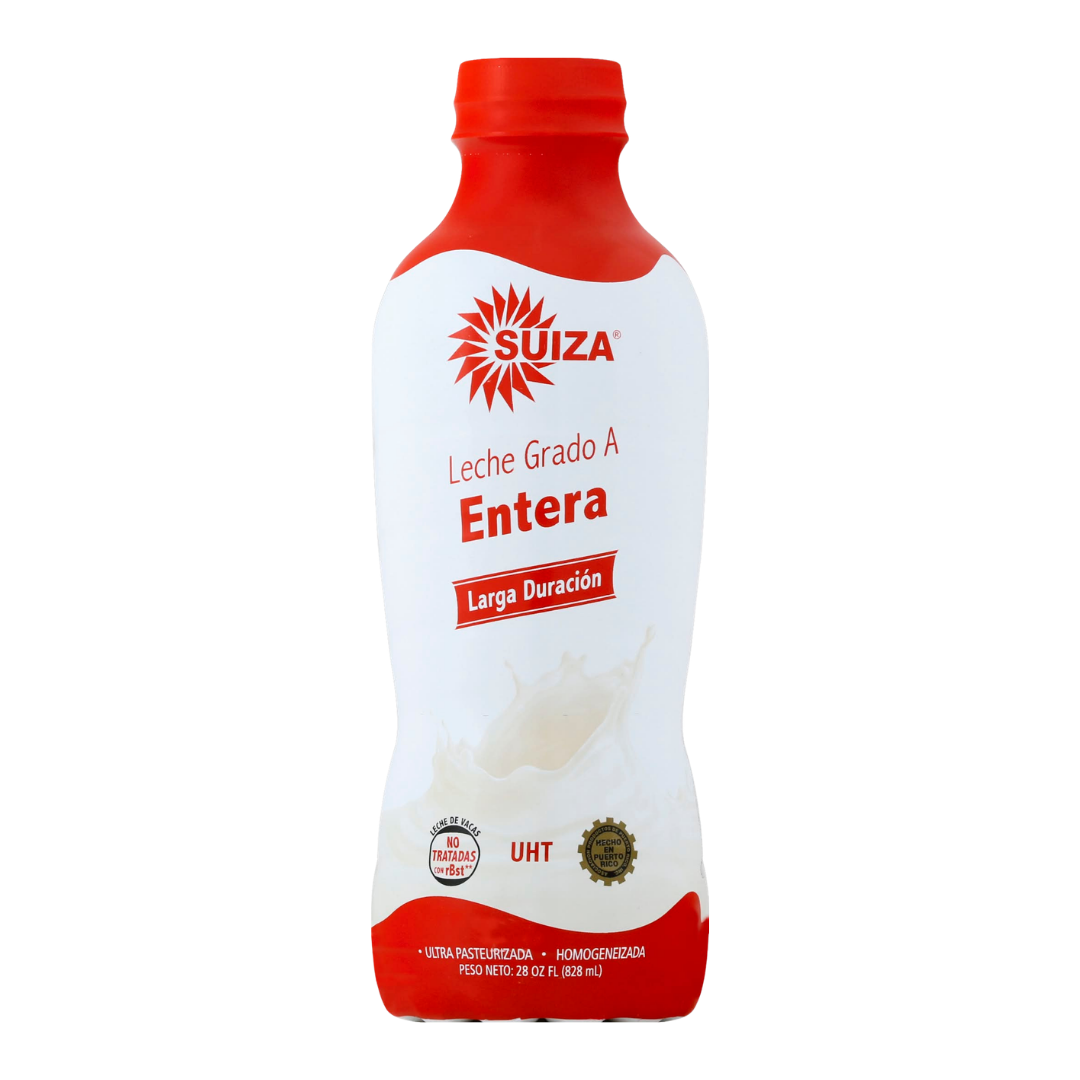 Whole UHT milk in a 28oz carton from Suiza, Grade A, by Farmacias Savia, with a white and blue packaging design.