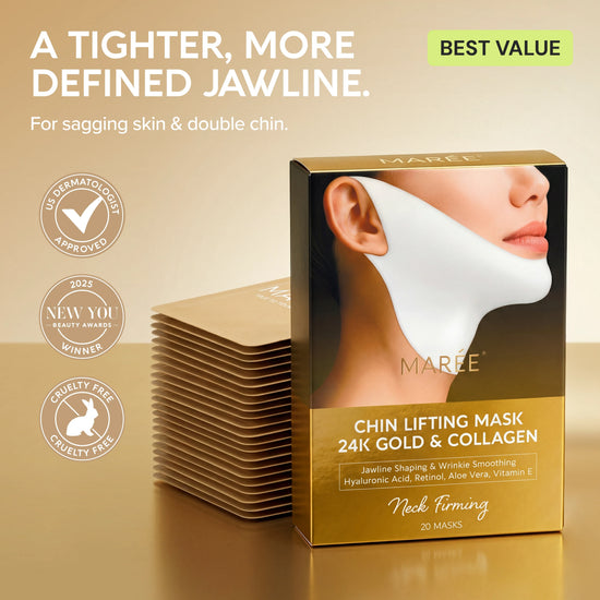 Pack of 20 Maree 24K Gold V-Line Lifting Masks showing gold foil masks designed for facial contour lifting.
