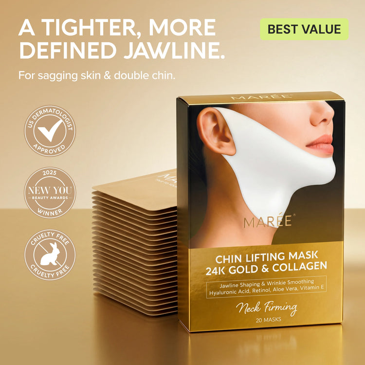 Pack of 20 Maree 24K Gold V-Line Lifting Masks showing gold foil masks designed for facial contour lifting.