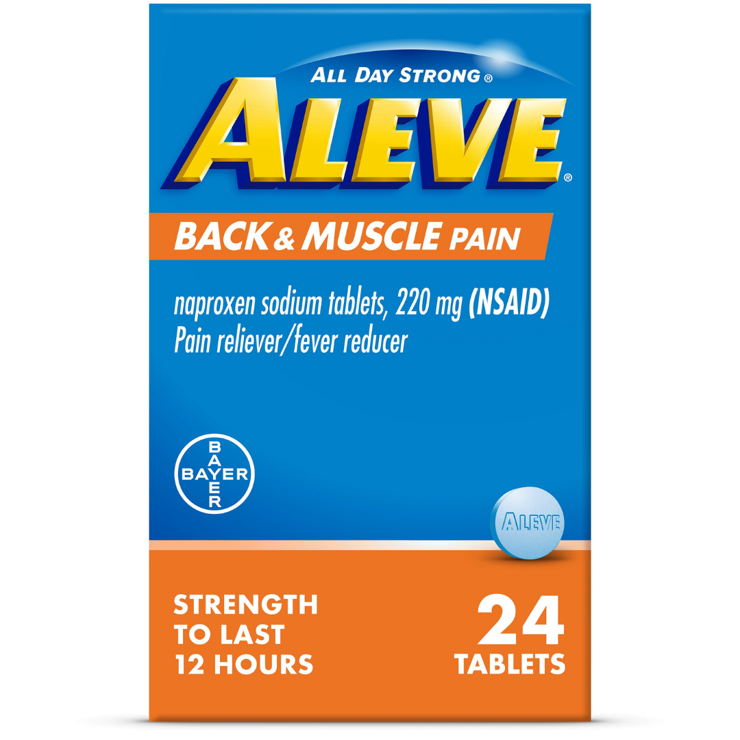 Aleve Back & Muscle Pain Naproxen Sodium Tablets, 24 count, in blister pack with tablets labeled for pain relief.
