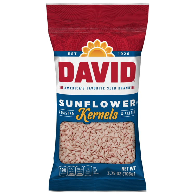 Roasted and salted David sunflower kernels in a 3.75 oz package, showing golden sunflower seeds ready to snack.