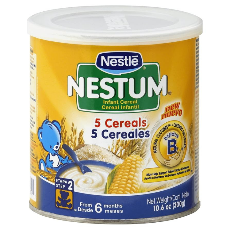 Nestum 5 Cereals cereal box by Farmacias Savia, showing the 10.6 oz package with colorful cereal images and branding.