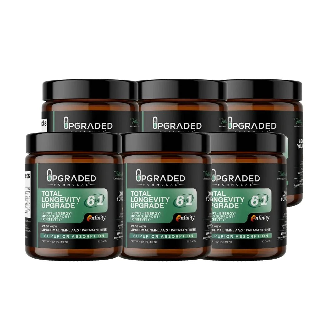 Upgraded Formulas® Total Longevity Upgrade supplement bottle with label, featuring capsules and health benefits on a white background.