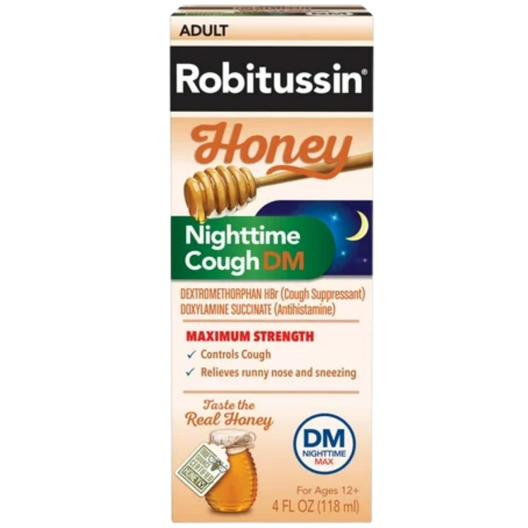 Robitussin Honey Nighttime Cough DM adult syrup in a 4oz bottle, featuring a label with honey and nighttime relief ingredients.