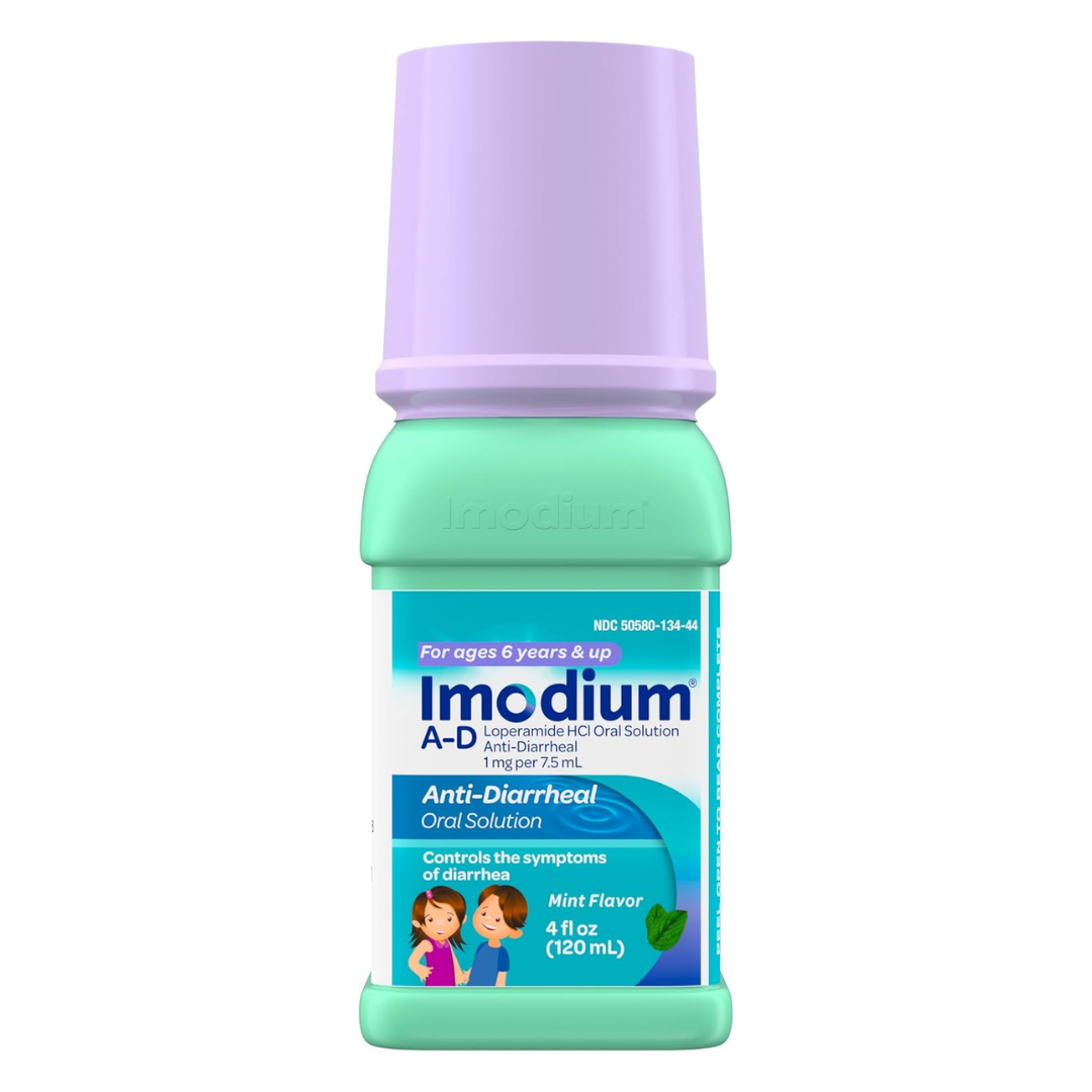 Imodium A-D Children’s Liquid Oral Solution 4oz bottle with label showing dosage instructions and brand Farmacias Savia.