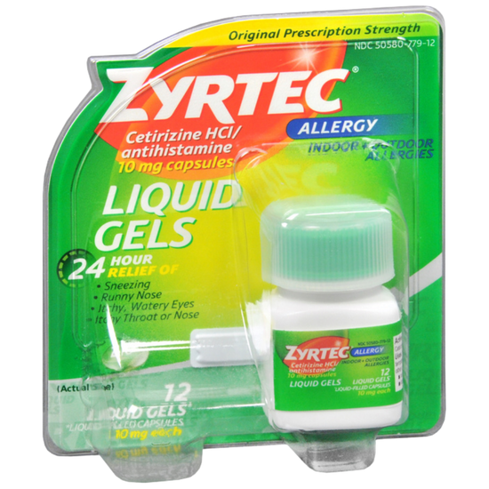 Zyrtec Allergy Relief 10mg liquid gel capsules in a blister pack, OTC allergy medication by Farmacias Savia.