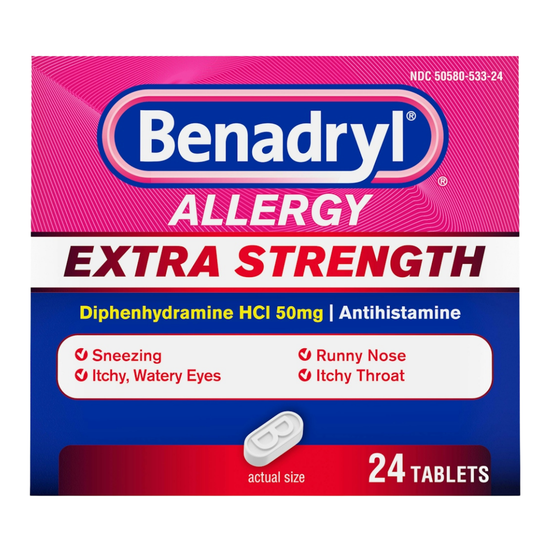 Benadryl Allergy Ultratabs antihistamine relief tablets in a 24-count package, showing the box with branding and product details.