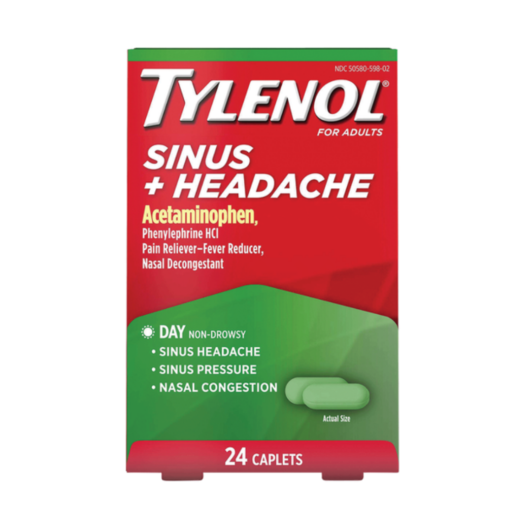 Tylenol Sinus Severe Daytime Relief Caplets in a 24-count bottle, suitable for nasal congestion and sinus pressure relief.