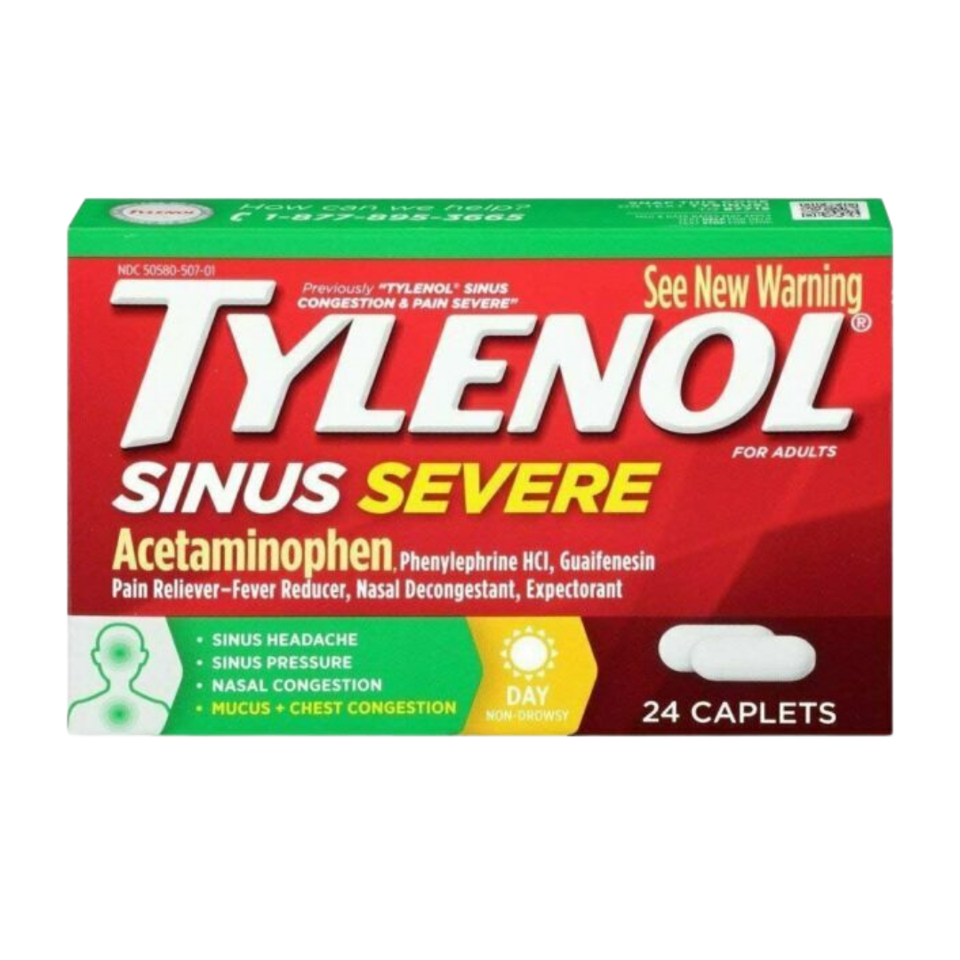Tylenol Sinus + Headache Daytime Relief caplets in a 24-count bottle, used for sinus congestion and headache relief.