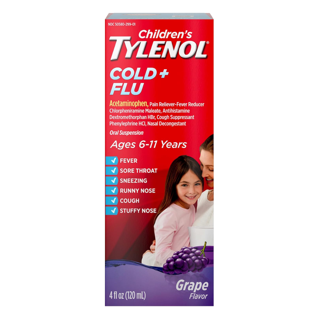 Child cold and flu medicine in grape flavor, Farmacias Savia brand, 4 oz bottle with measuring cap.