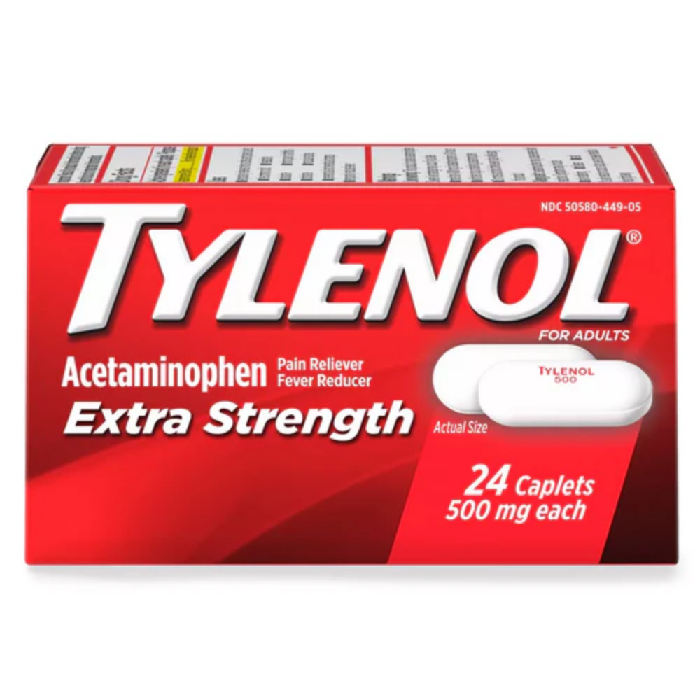 Tylenol Extra Strength 500mg analgesic and fever relief capsules in a 24-count bottle.