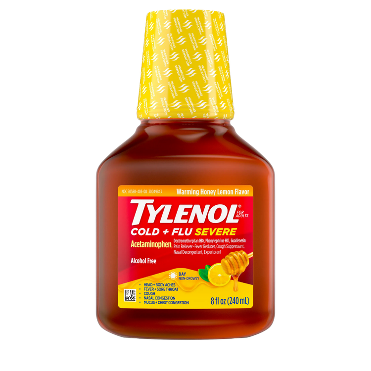 Farmacias Savia Tylenol Cold & Flu Severe Syrup in 8oz bottle, clear liquid medication for cold and flu relief.