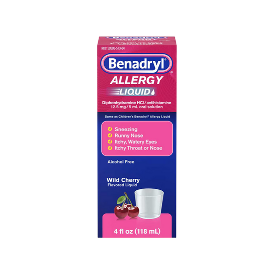Benadryl Allergy Liquid Medicine in wild cherry flavor, 4 fl oz, with a bottle and label showing active ingredients and branding.