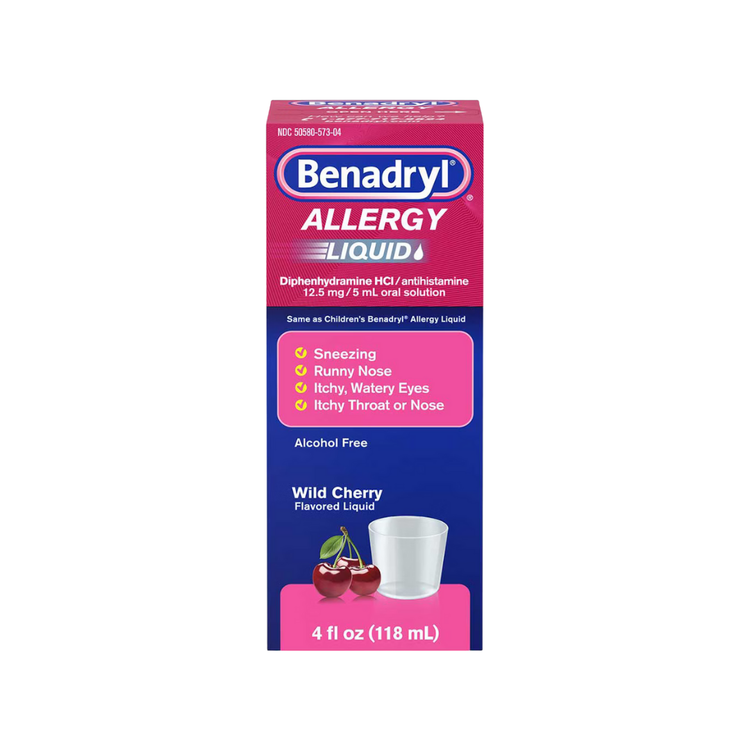 Benadryl Allergy Liquid Medicine in wild cherry flavor, 4 fl oz, with a bottle and label showing active ingredients and branding.