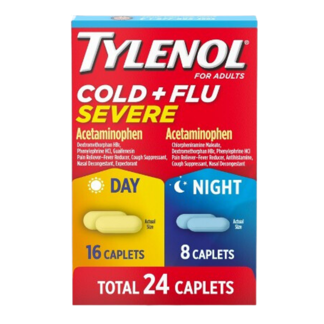 Box of Tylenol Cold & Flu Severe Day/Night Caplets by Farmacias Savia, showing the package and caplet blister pack.