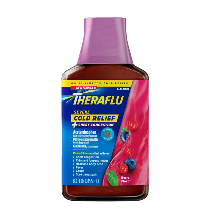 Theraflu Severe Cold Relief Berry Flavor in 8.3oz bottle, featuring a label with cold relief and chest congestion relief ingredients.