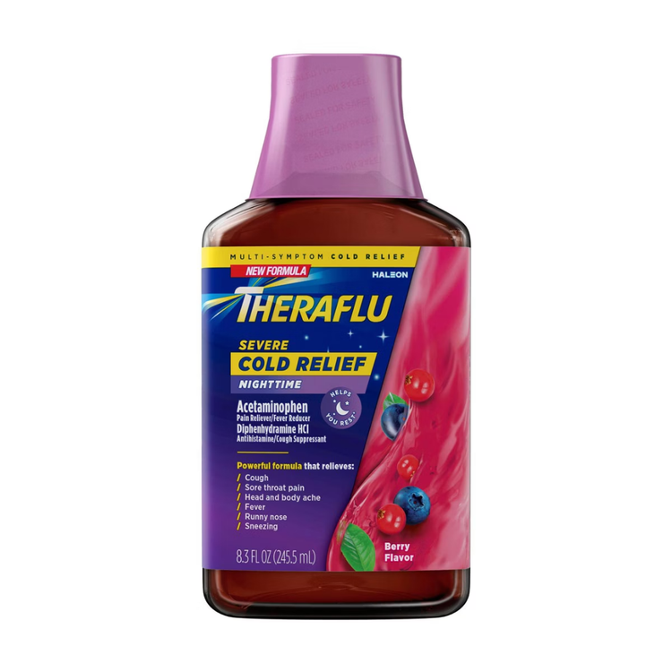 Theraflu Severe Cold Relief Nighttime Berry flavor in an 8.3oz bottle, designed to soothe symptoms and promote restful sleep.