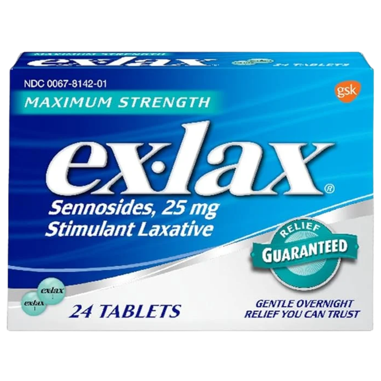 Ex-Lax Maximum Strength stimulant laxative box with 24 pills, showing the product packaging and label details.