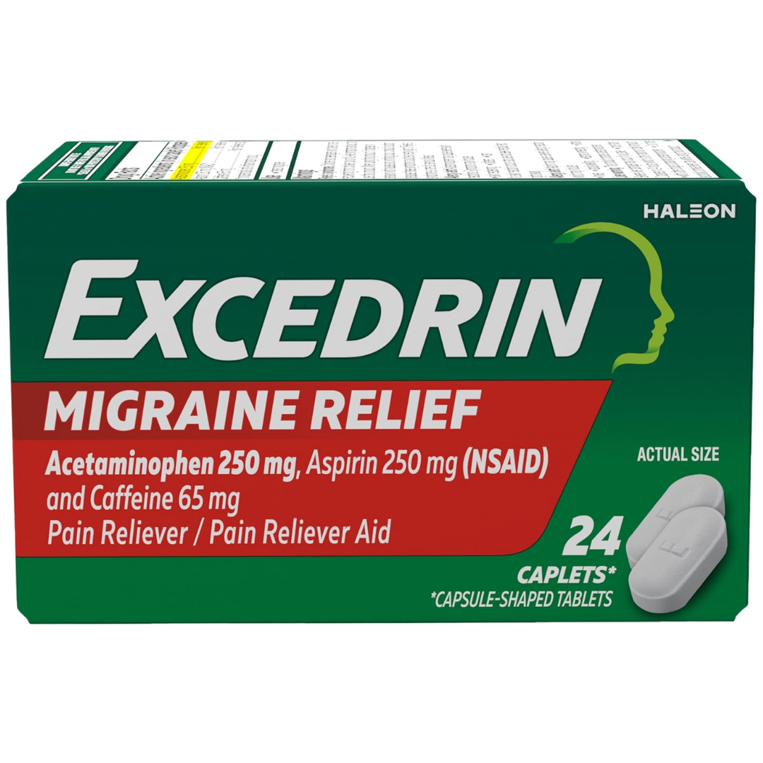 Excedrin Migraine Pain Relief Caplets in a 24-count bottle, showing white caplets with blue and red packaging.