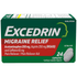 Excedrin Migraine Pain Relief Caplets in a 24-count bottle, showing white caplets with blue and red packaging.