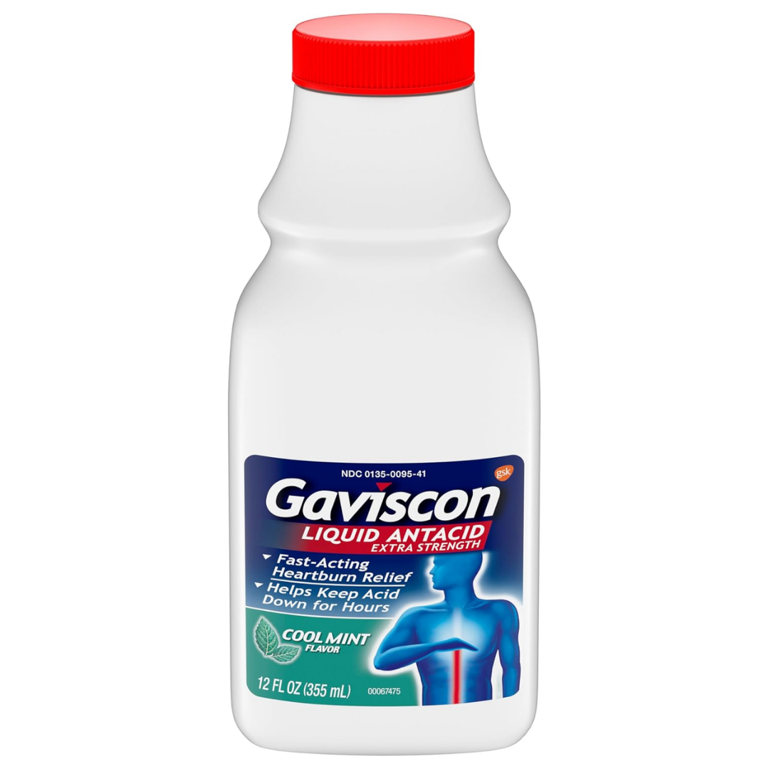 Gaviscon Extra Strength Antacid Mint liquid in a 12oz bottle, used for relief of heartburn and indigestion.