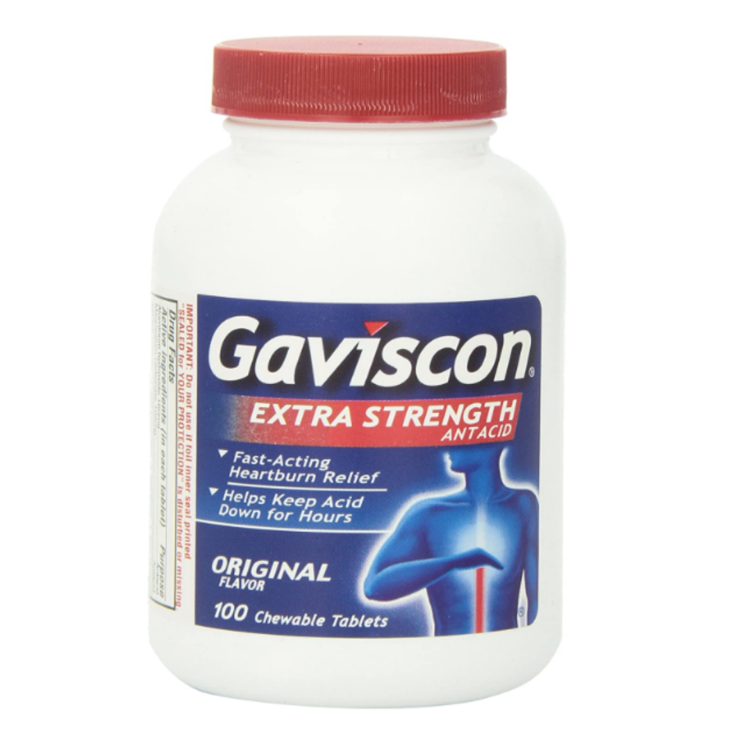 Gaviscon Extra Strength Original Chewable Tablets in a 100-count bottle, OTC digestive relief product by Farmacias Savia