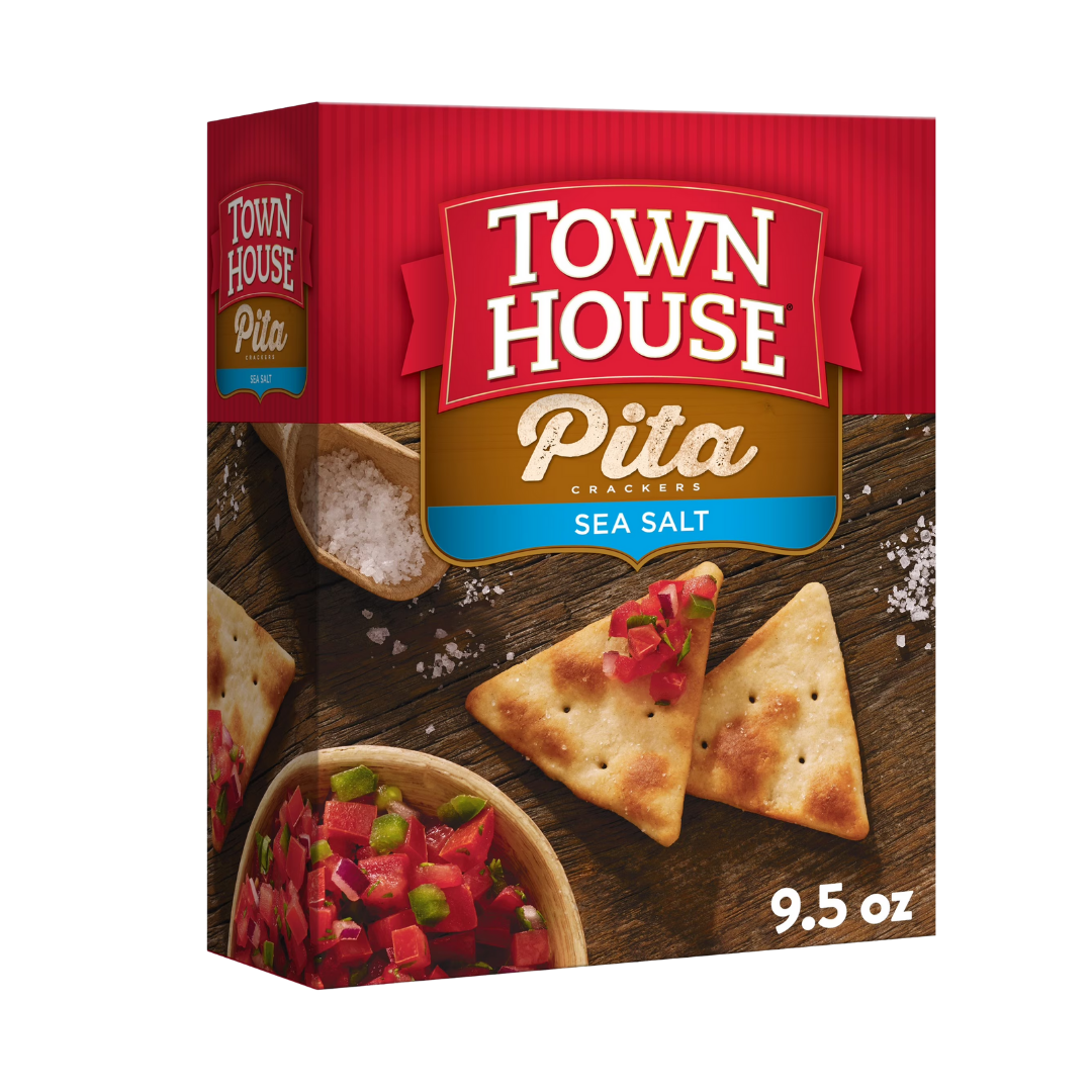 Town House Pita Crackers with Sea Salt in a 9.5oz box, featuring crispy pita chips sprinkled with sea salt.