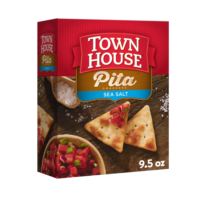 Town House Pita Crackers with Sea Salt in a 9.5oz box, featuring crispy pita chips sprinkled with sea salt.