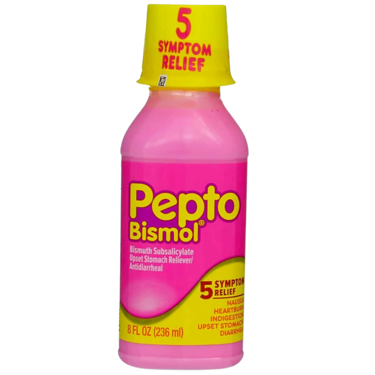 Farmacias Savia Pepto-Bismol Original Liquid 8oz bottle, pink liquid medicine for upset stomach and indigestion relief.