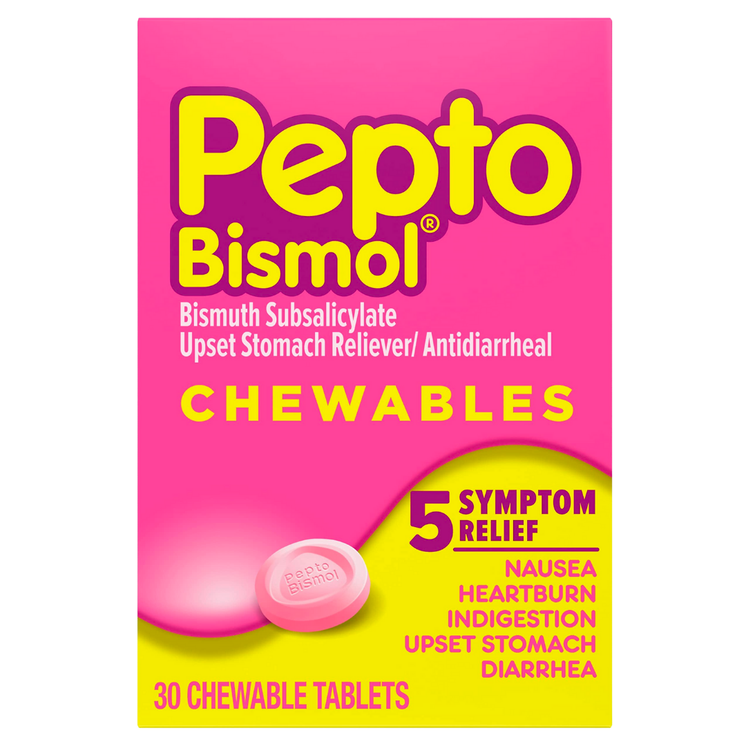 Pepto-Bismol Chewable Tablets in a 30-count bottle, over-the-counter digestive relief medication by Farmacias Savia.