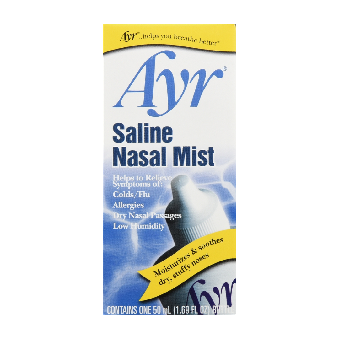 Ayr Saline Nasal Mist 50ml spray bottle for relieving nasal congestion, shown in clear plastic container with blue cap.