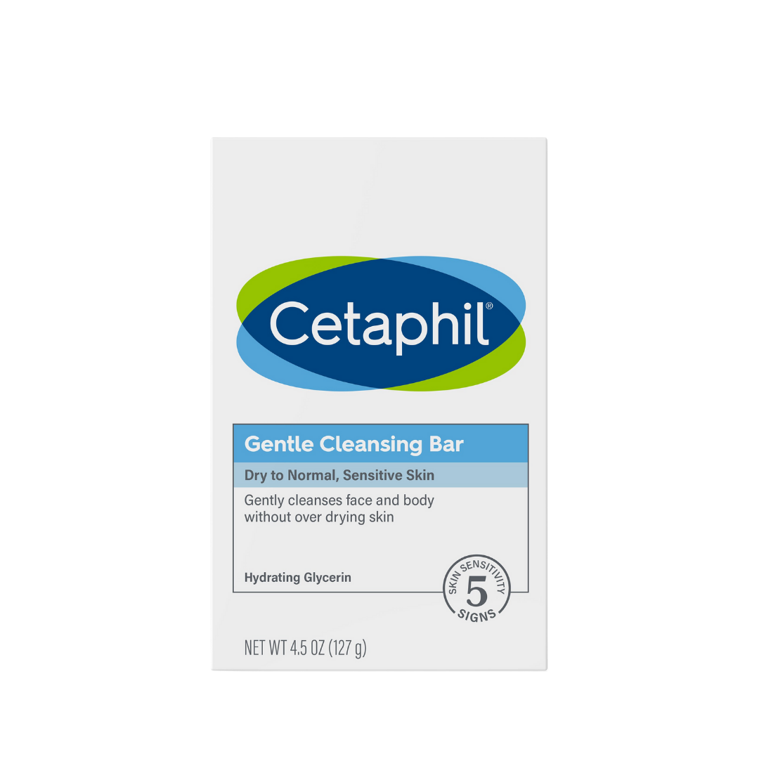 Cetaphil Gentle Cleansing Bar 4.5oz with creamy white soap bar and smooth surface, designed for gentle skin cleansing.
