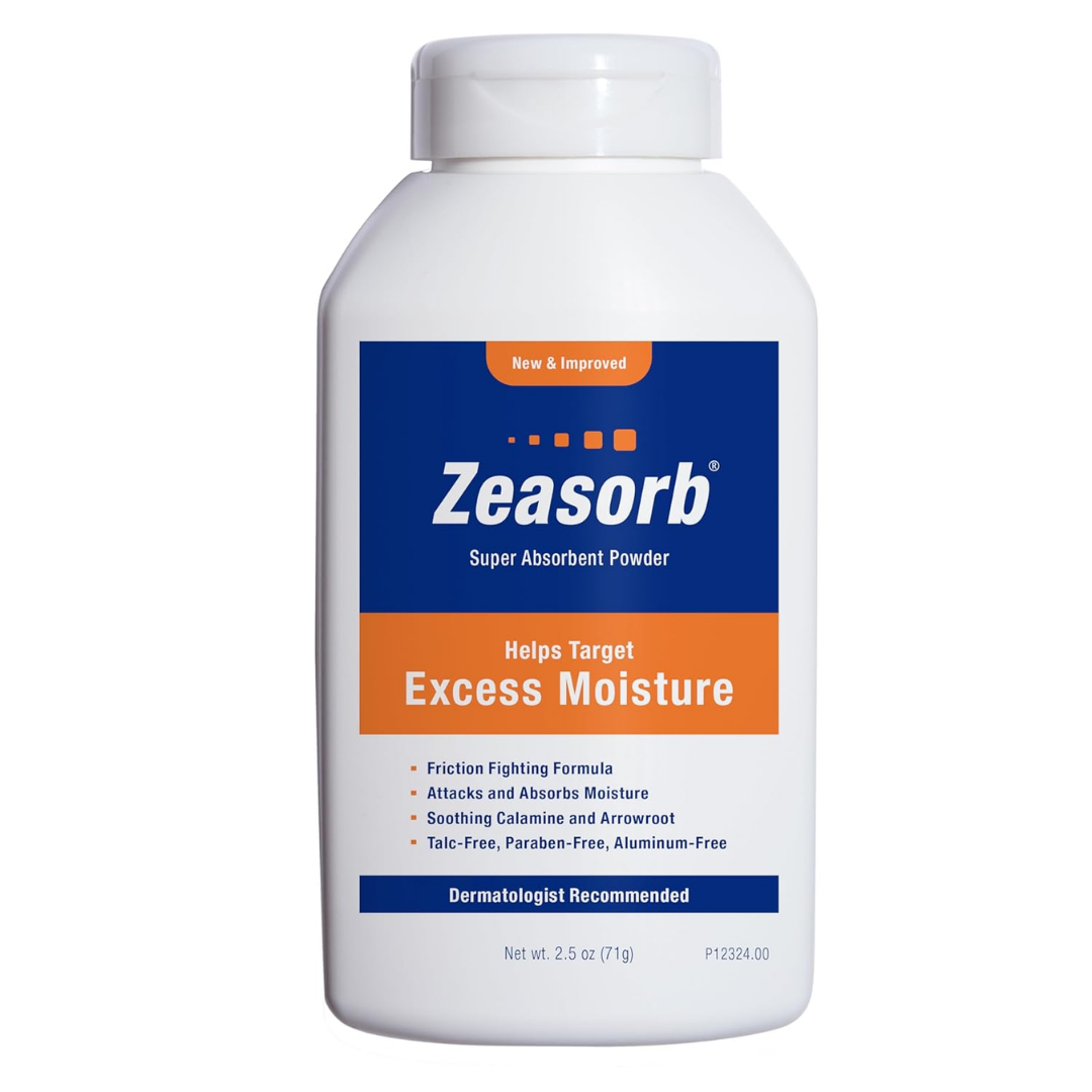 Zeasorb Super Absorbent Powder for excess moisture, 2.5oz, in a clear container, designed to keep skin dry and comfortable.