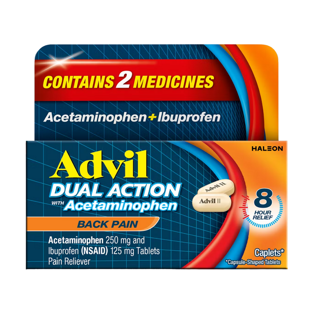 Advil Dual Action Back Pain Caplets in an 18-count bottle, featuring white caplets in a clear bottle with label.