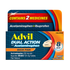 Advil Dual Action Back Pain Caplets in an 18-count bottle, featuring white caplets in a clear bottle with label.