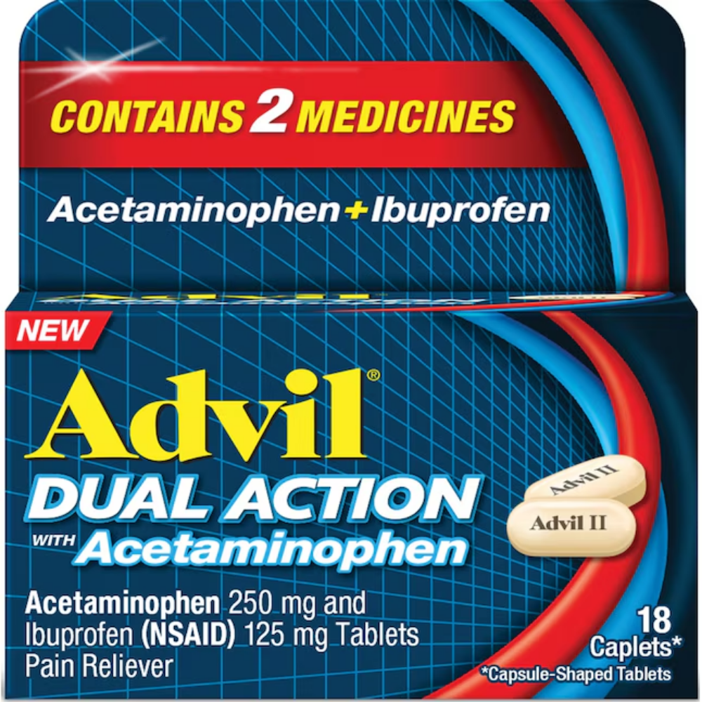 Advil Dual Action pain relievers with acetaminophen in an 18-count blister pack, ideal for headache and fever relief.
