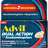 Advil Dual Action pain relievers with acetaminophen in an 18-count blister pack, ideal for headache and fever relief.