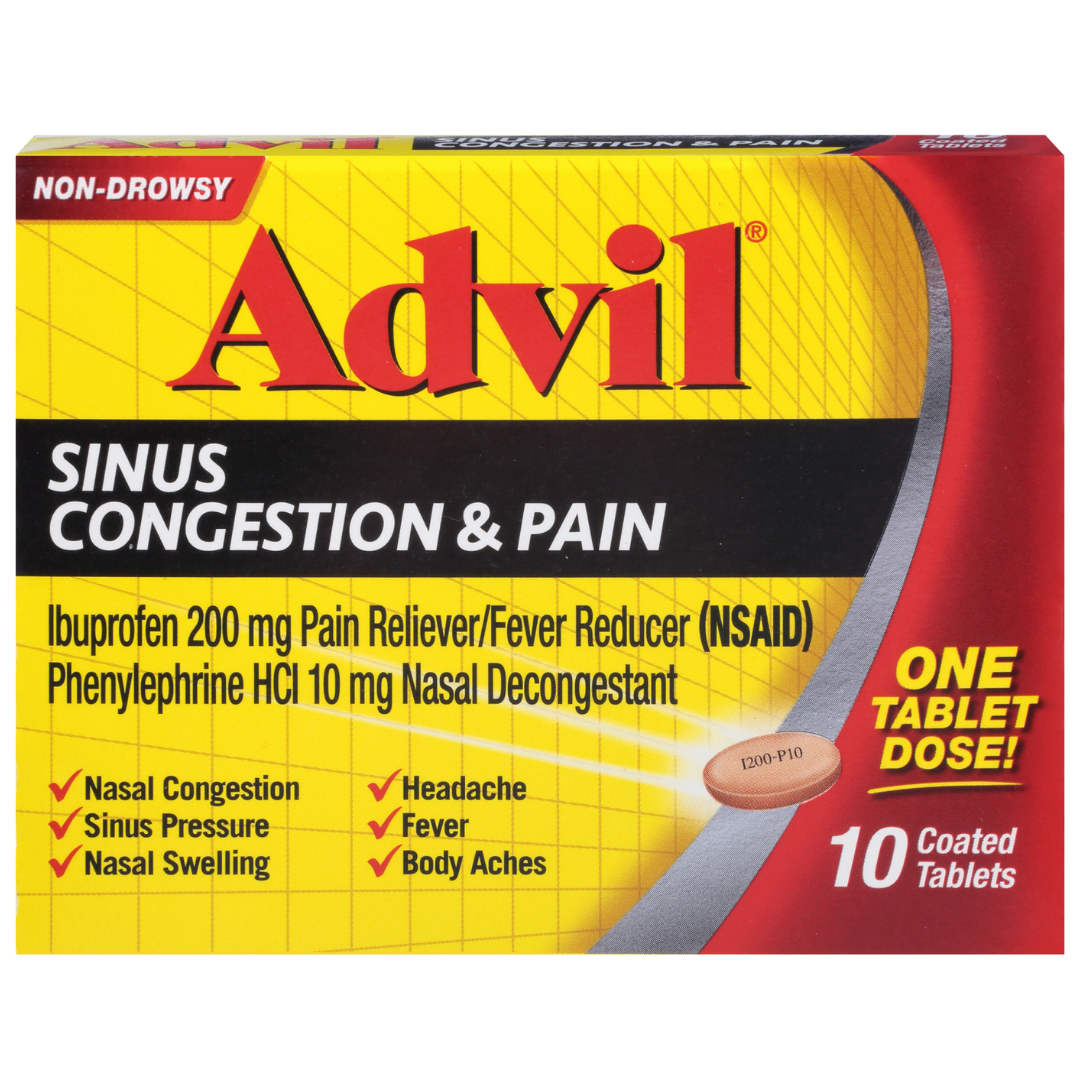 Advil Sinus Congestion & Pain Relief Coated Tablets in a 10-count package, showing the blister pack and tablets.