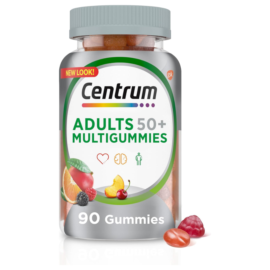Centrum MultiGummies Adults 50+ multivitamin bottles with 90 gummies, featuring colorful fruit-flavored gummy vitamins for adults over 50.