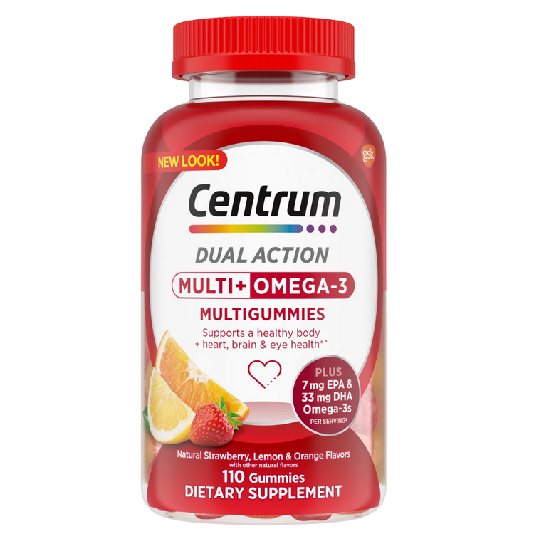 Centrum Dual Action Multi + Omega-3 multigummies by Farmacias Savia, 110 count, showing the gummy supplements in a container.