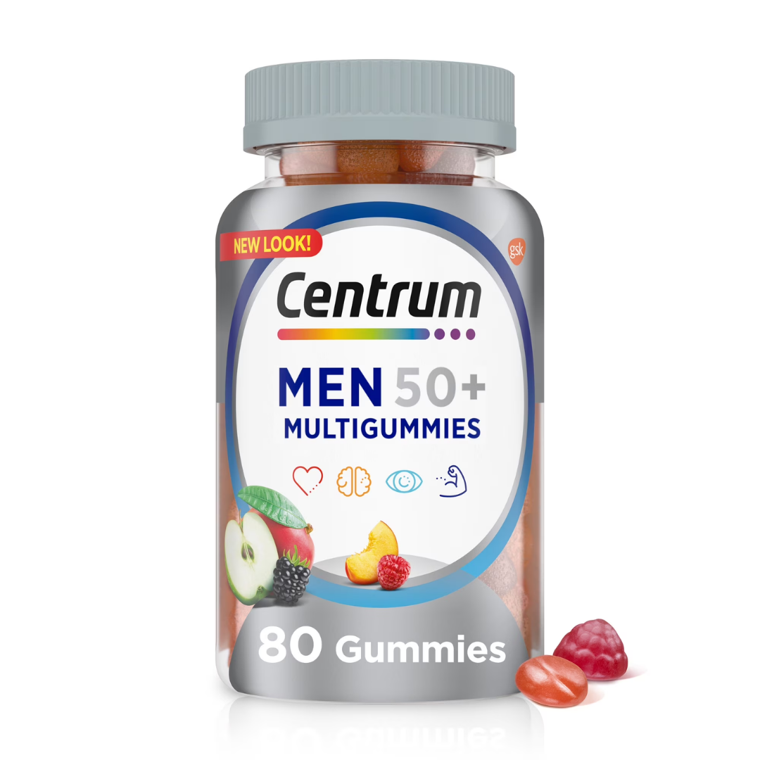 Centrum MultiGummies Men 50+ multivitamins in orange bottles with 80 gummies, designed for adult men&