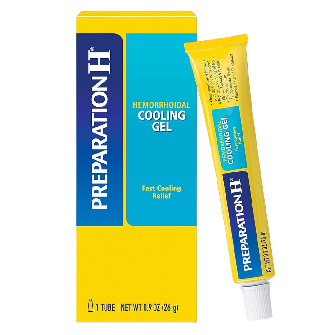 Preparation H hemorrhoidal cooling gel in 0.9oz tube, providing fast relief for hemorrhoid discomfort.