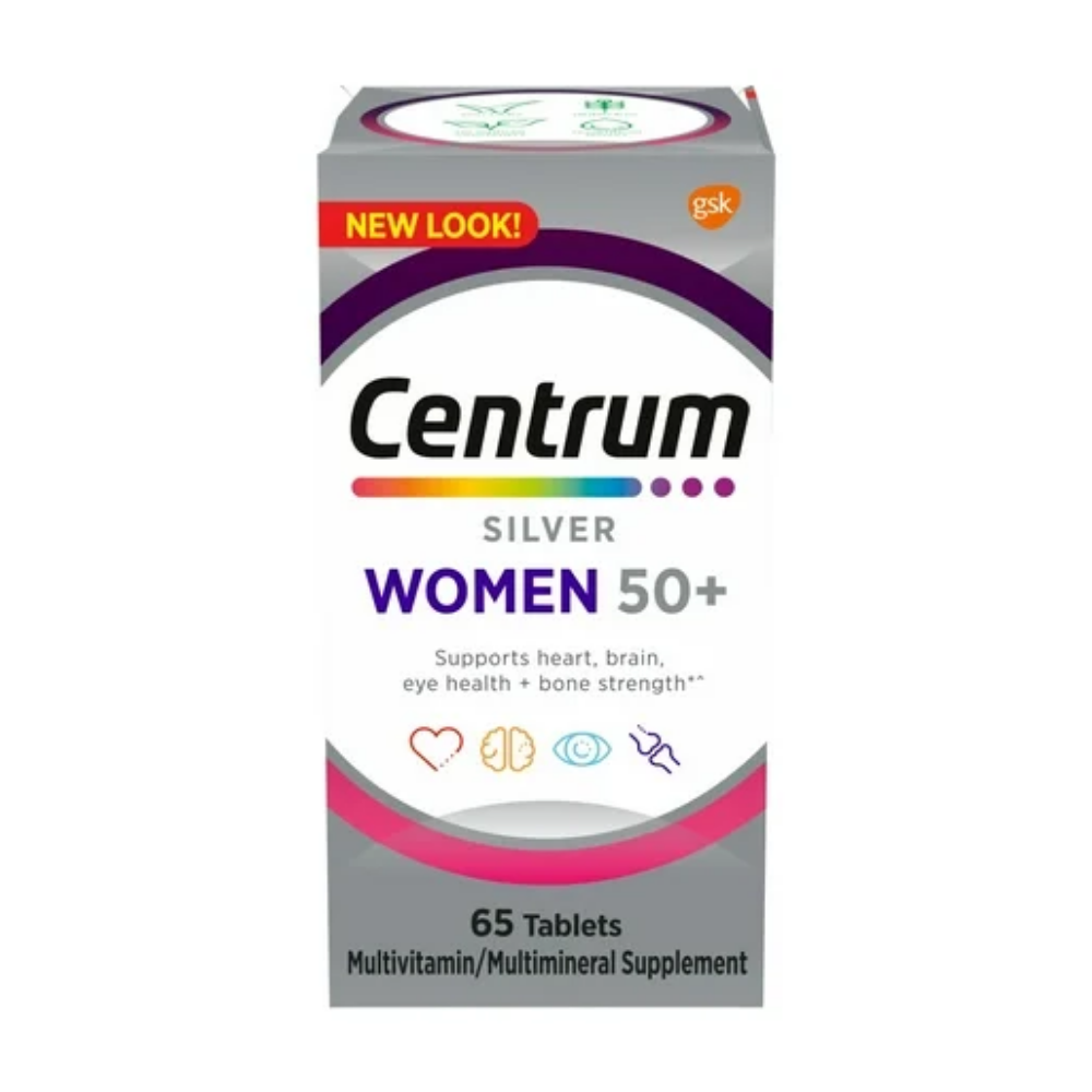 Centrum Silver Women 50+ multivitamin bottle with 65 tablets, dietary supplement for women over 50, in white and purple packaging.