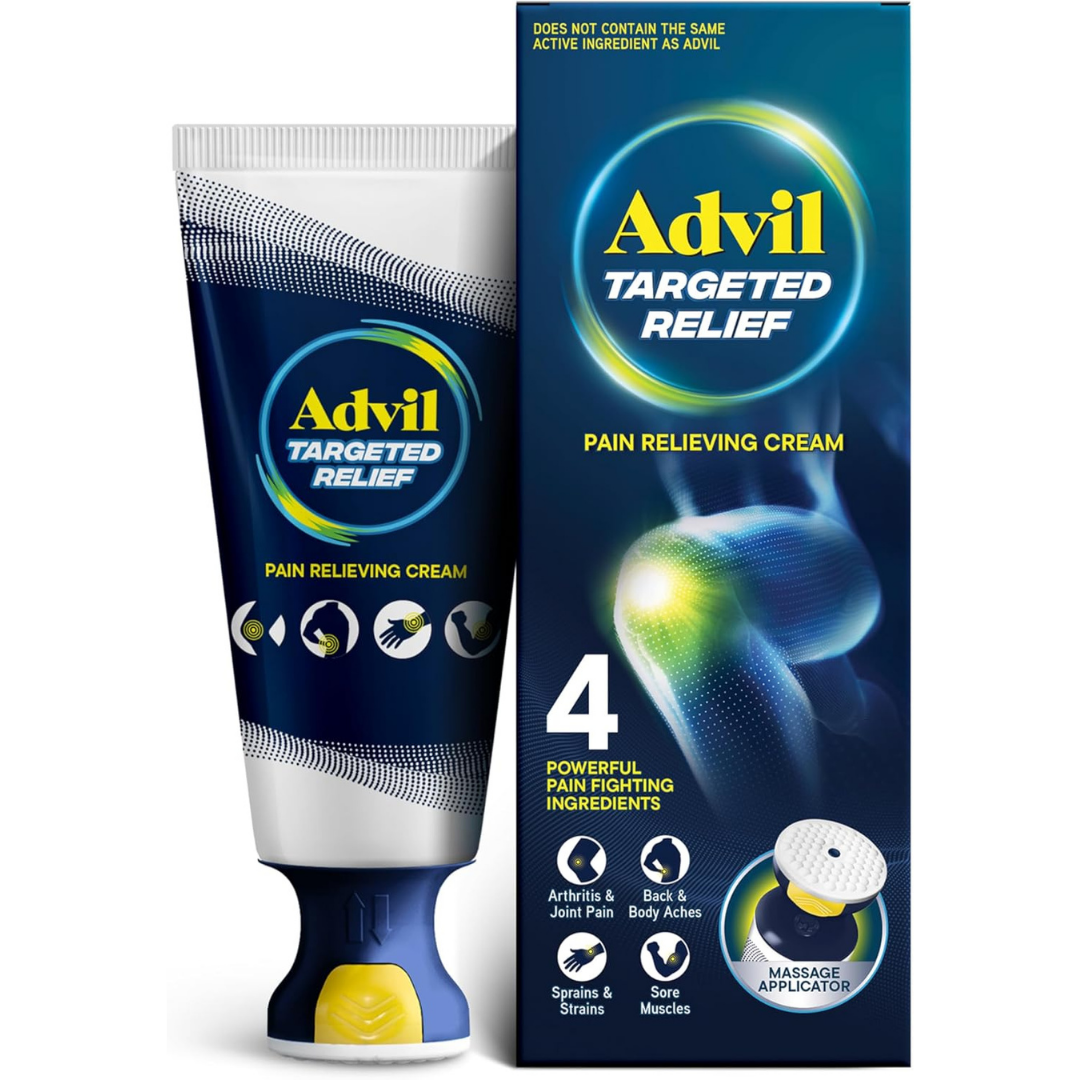 Advil Targeted Relief Pain Relieving Cream with massage applicator in 2.5 oz tube, used for localized pain relief.