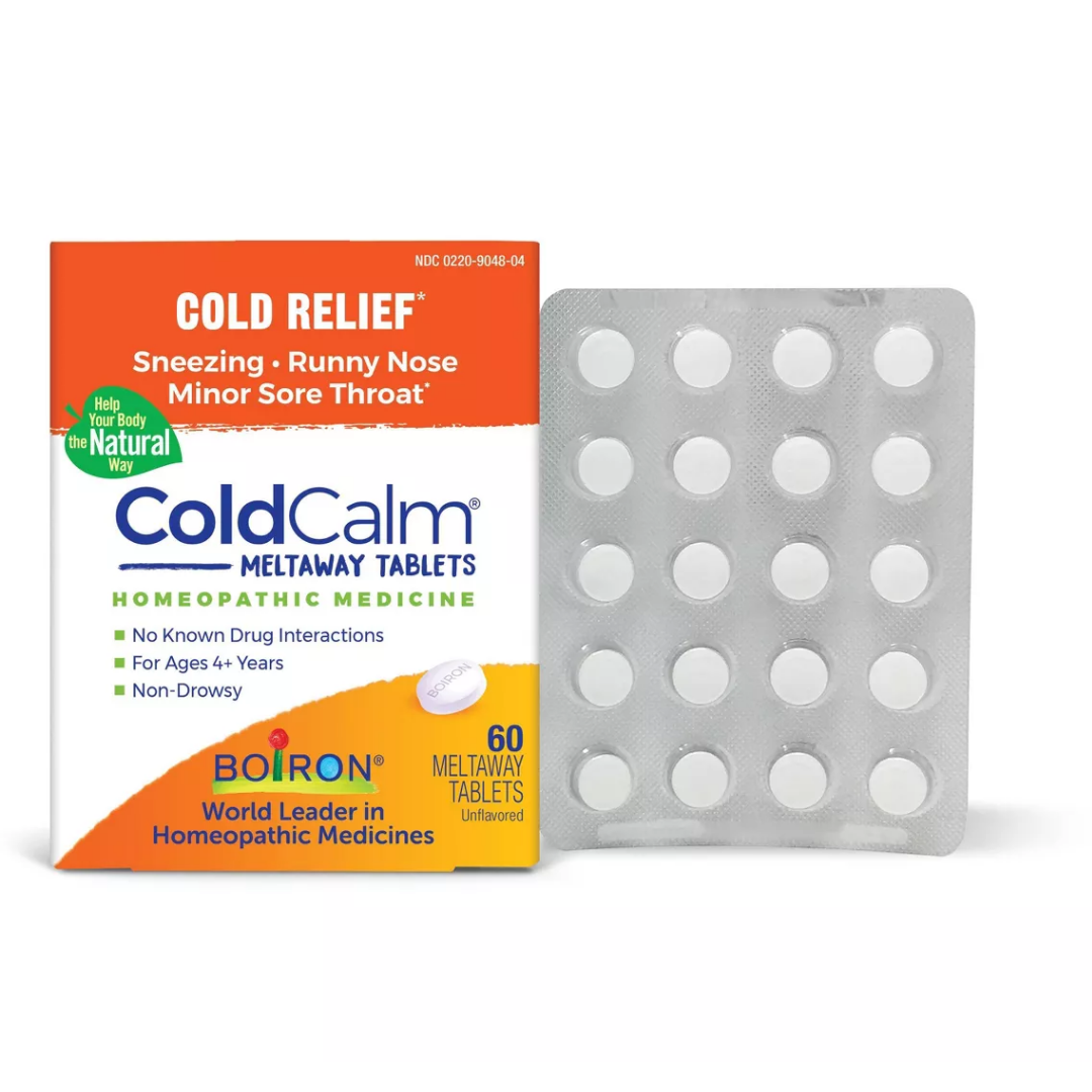 Boiron ColdCalm Meltaway Tablets in a 60-count bottle, OTC cold relief medication with orange-flavored tablets.