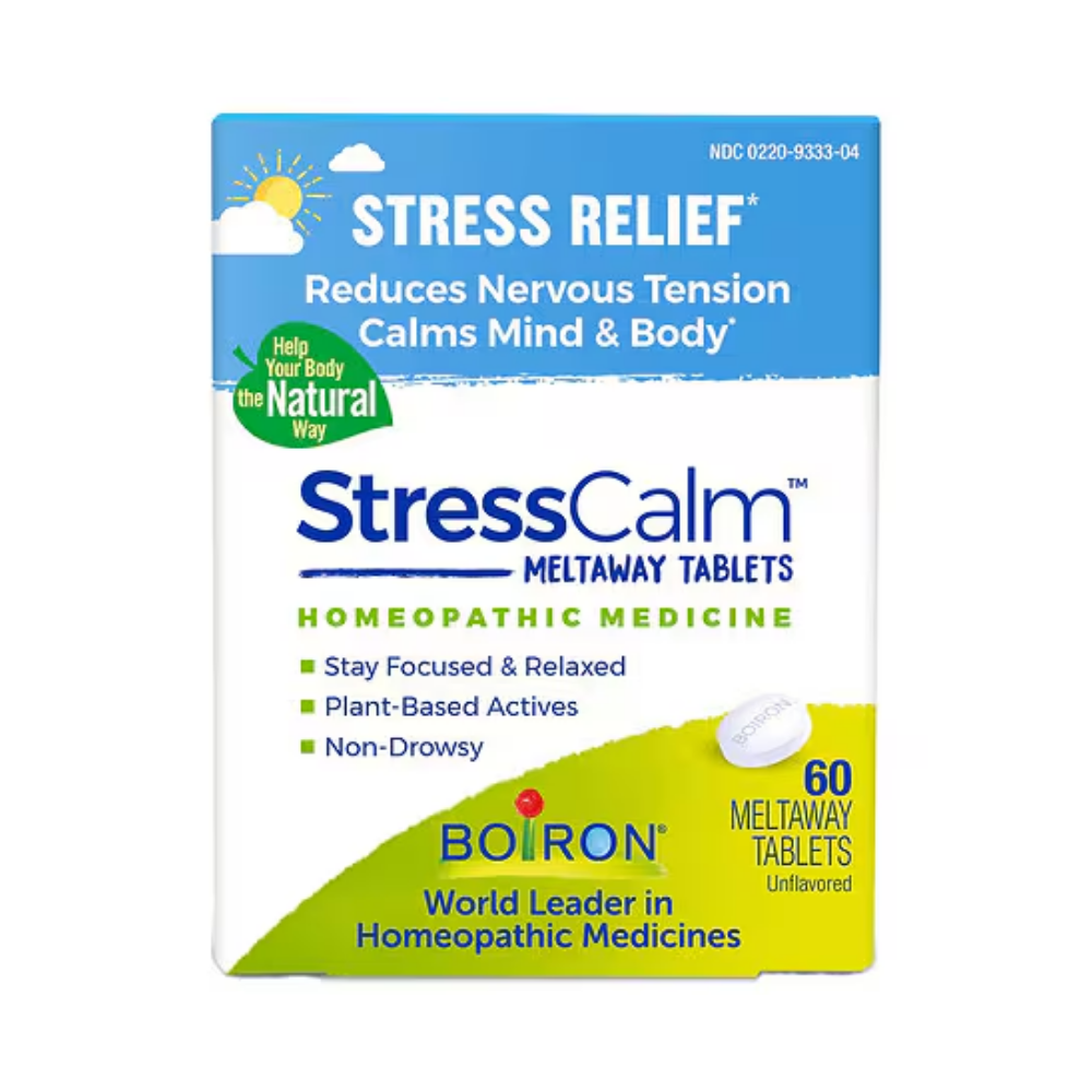 Boiron StressCalm Tablets homeopathic stress relief supplement, 60 count, in blister pack, natural herbal remedy for stress relief