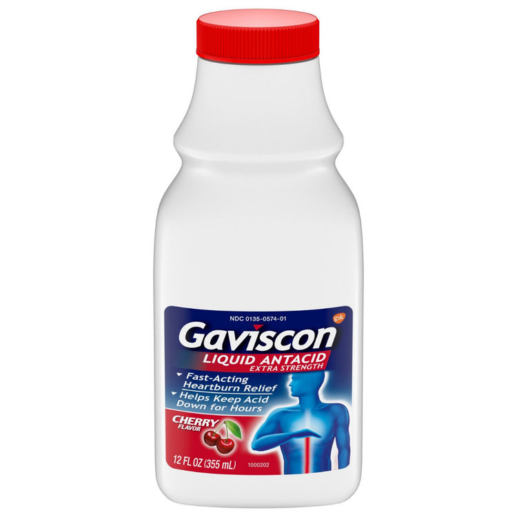Gaviscon Extra Strength Antacid Cherry Liquid in 12oz bottle, showing the label and liquid inside.