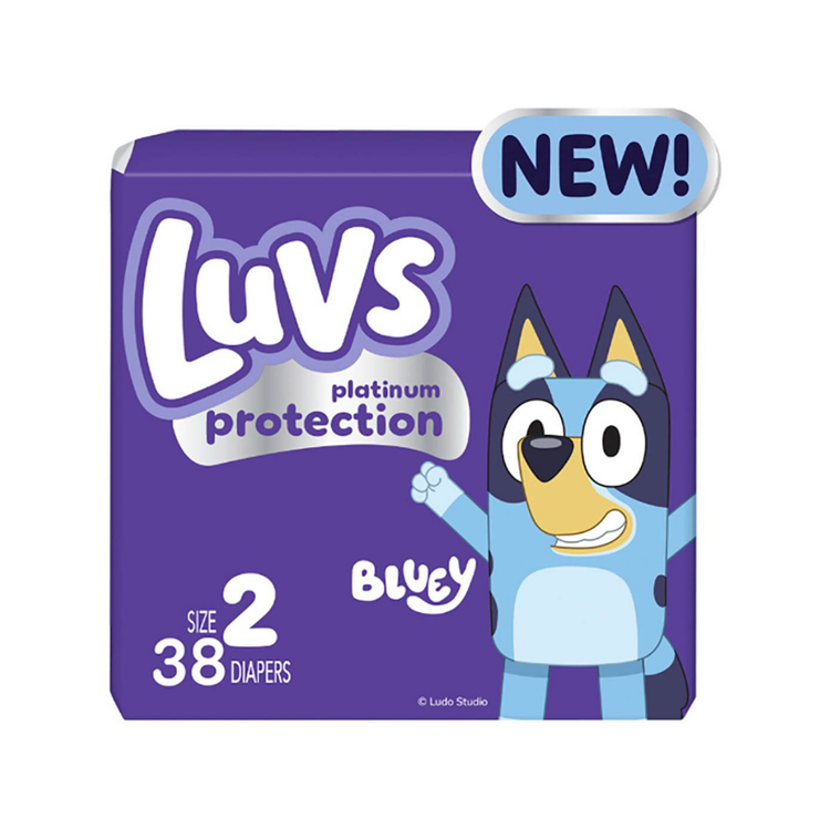 Luvs Platinum Protection Baby Diapers Size 2 with Bluey Designs, 38 count, featuring colorful cartoon characters on the packaging.